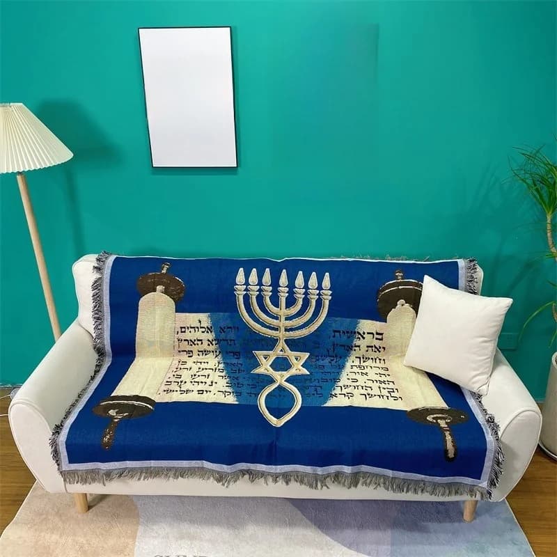 غطاء أريكة محبوك بطراز متوسطي مع شرابات