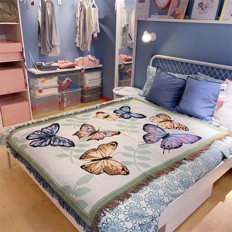 غطاء قطني بتصميم فراشات للأريكة والسرير والنزهات